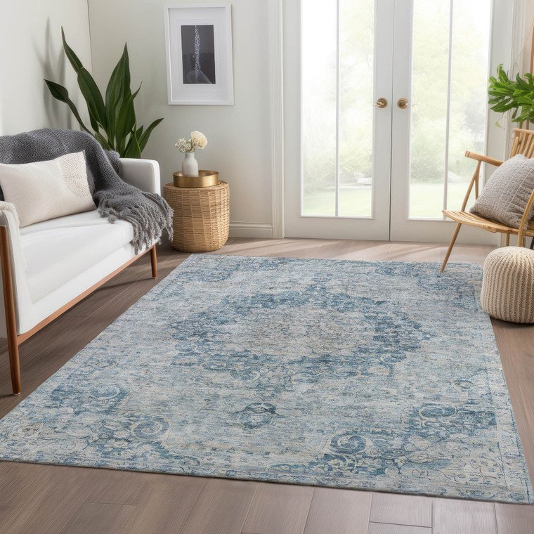 5' X 8' Blue Floral Medallion Washable Indoor Outdoor Area Rug - Blue