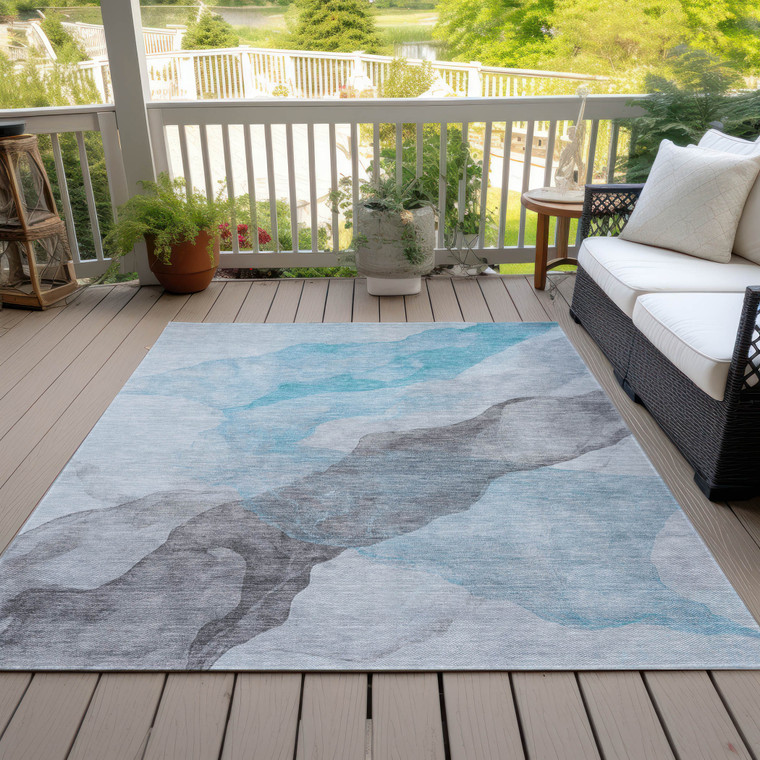 5' X 8' Teal Blue And Gray Abstract Washable Indoor Outdoor Area Rug - Teal Blue, Gray