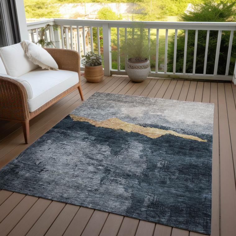 5' X 8' Blue Gray And Gold Abstract Washable Indoor Outdoor Area Rug