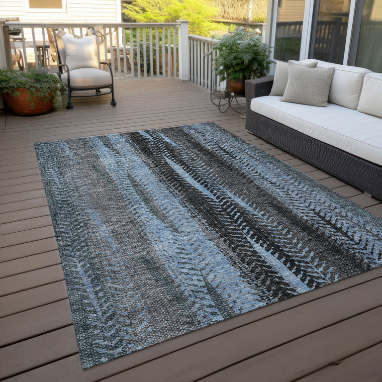 5' X 8' Blue Gray And Charcoal Botanical Leaves Washable Indoor Outdoor Area Rug