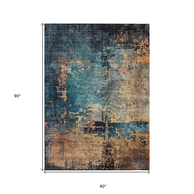 5' X 8' Teal Blue Black And Copper Abstract Washable Indoor Outdoor Area Rug