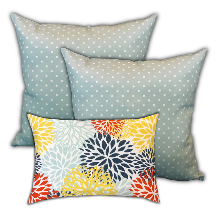 Set Of Three 18" X 18" Seafoam And White Blown Seam Polka Dots Throw Indoor Outdoor Pillow - 606114094449