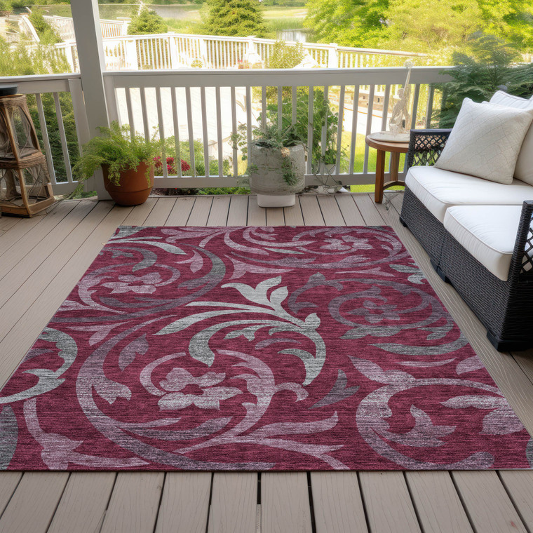 5' X 8' Red Gray And Silver Floral Washable Indoor Outdoor Area Rug