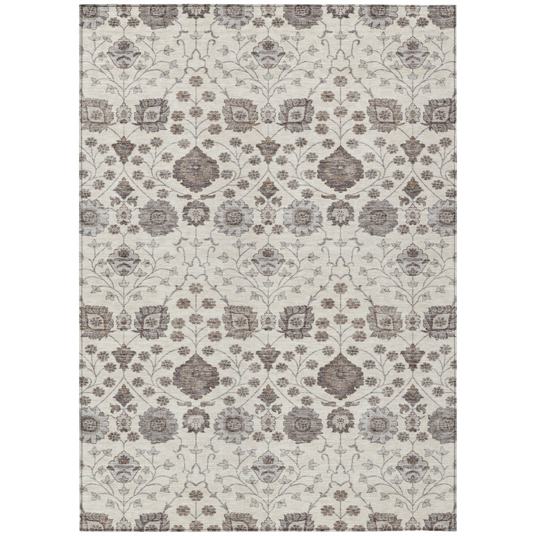 3' X 5' Ivory Brown And Gray Floral Washable Indoor Outdoor Area Rug