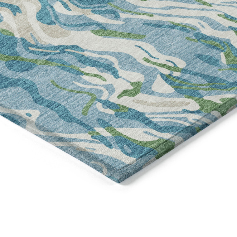3' X 5' Teal Blue Ivory And Green Abstract Washable Indoor Outdoor Area Rug