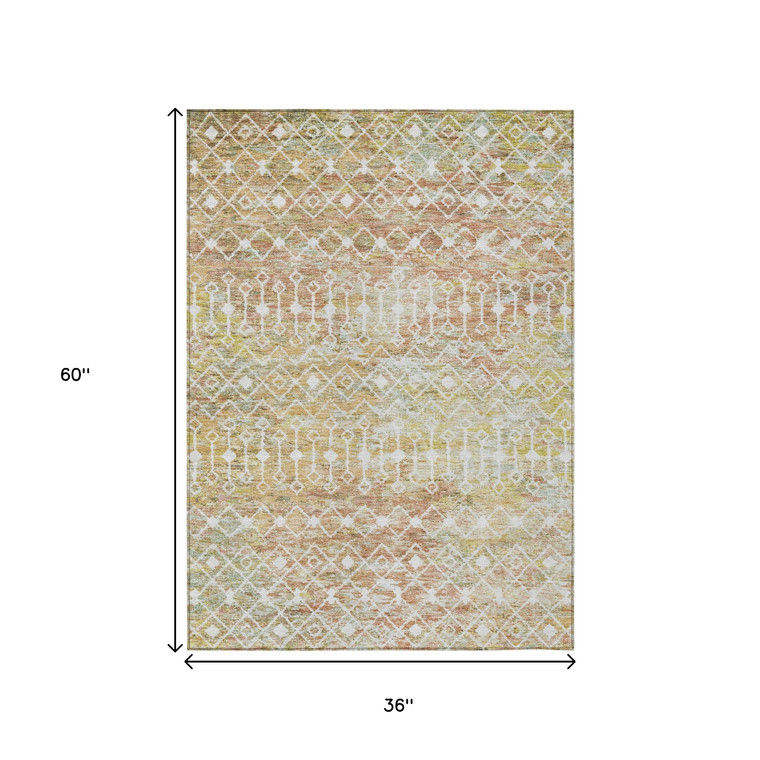 3' X 5' Peach And Ivory Argyle Washable Indoor Outdoor Area Rug