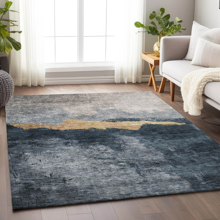 3' X 5' Blue Gray And Gold Abstract Washable Indoor Outdoor Area Rug