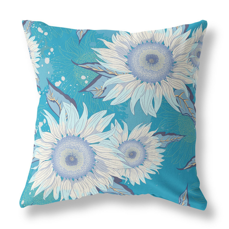 26" Aqua White Sunflower Indoor Outdoor Zippered Throw Pillow - 808230196841