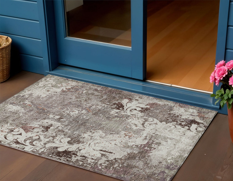 3' X 5' Taupe Ivory And Brown Damask Washable Indoor Outdoor Area Rug