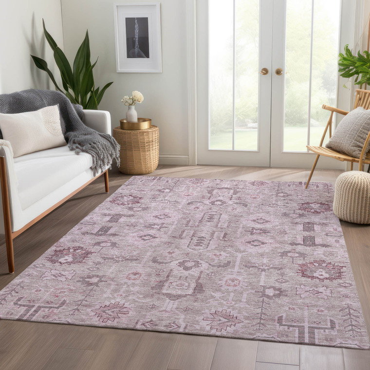 3' X 5' Pink Mauve And Blush Oriental Washable Indoor Outdoor Area Rug