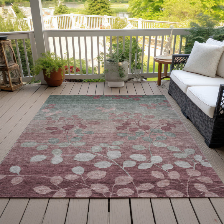 5' X 8' Blush And Emerald Floral Washable Indoor Outdoor Area Rug