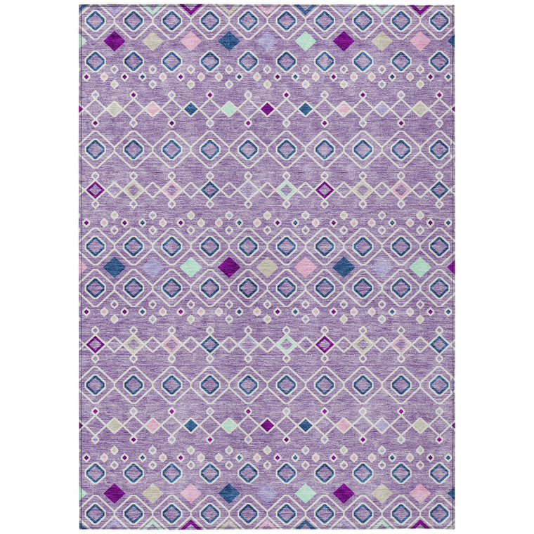 5' X 8' Lavender Ivory And Blue Geometric Washable Indoor Outdoor Area Rug