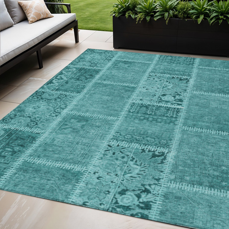 5' X 8' Turquoise Teal Blue And Aqua Patchwork Washable Indoor Outdoor Area Rug