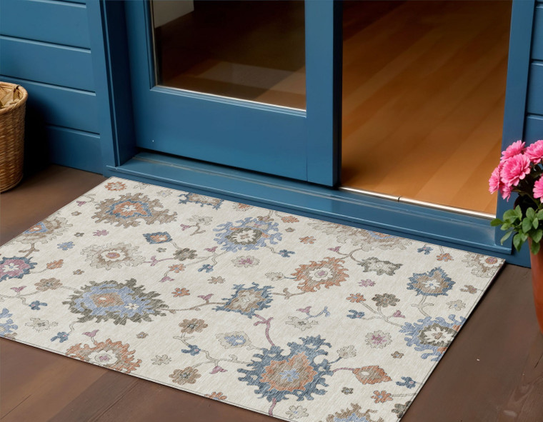 3' X 5' Ivory Brown And Blue Floral Washable Indoor Outdoor Area Rug