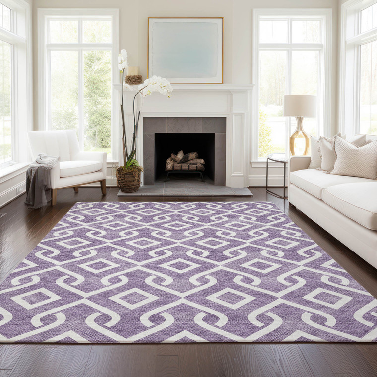3' X 5' Purple And Ivory Geometric Washable Indoor Outdoor Area Rug - Purple, Ivory