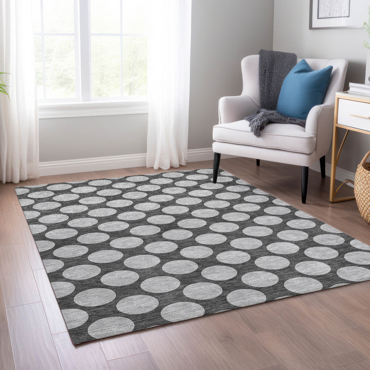 5' X 8' Charcoal And Ivory Polka Dot Washable Indoor Outdoor Area Rug