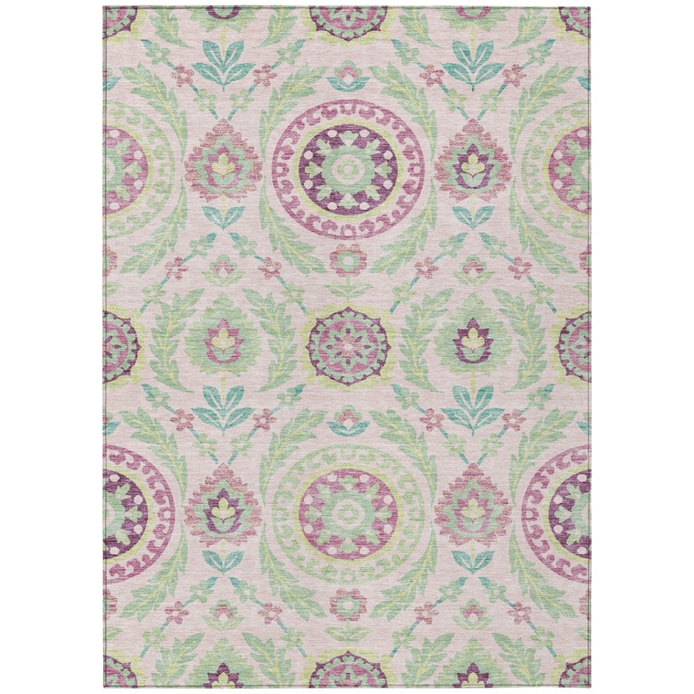 5' X 8' Pink Mauve And Mint Green Floral Washable Indoor Outdoor Area Rug