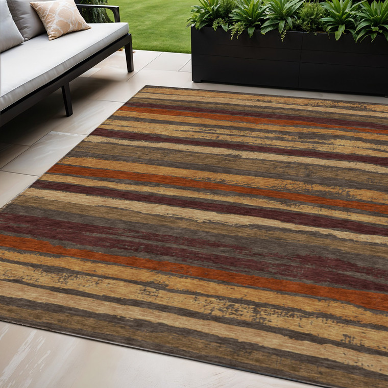 5' X 8' Chocolate Beige And Copper Striped Washable Indoor Outdoor Area Rug