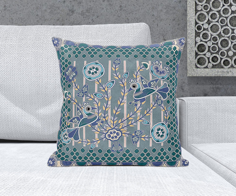 20" x 20" Blue and Gray Peacock Blown Seam Floral Indoor Outdoor Throw Pillow Decor