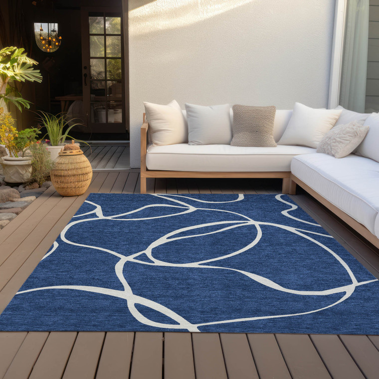 3' X 5' Navy Blue And Ivory Abstract Washable Indoor Outdoor Area Rug Transitional Style - Navy Blue, Ivory Color