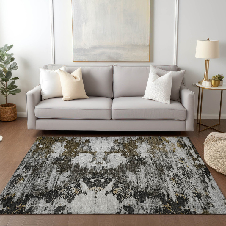5' X 8' Taupe Brown And Gold Abstract Washable Indoor Outdoor Area Rug