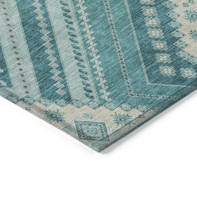 3' X 5' Teal Blue And Ivory Tribal Washable Indoor Outdoor Area Rug