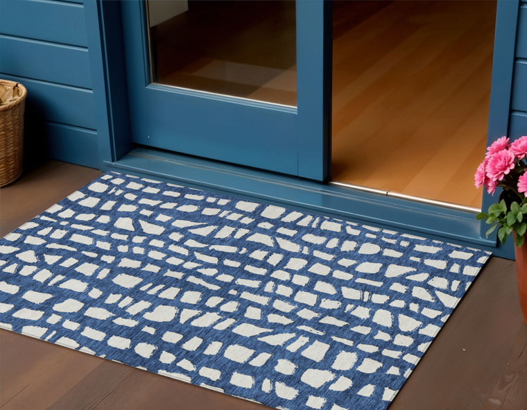3' X 5' Navy Blue And Ivory Abstract Washable Indoor Outdoor Area Rug - Navy Blue, Ivory