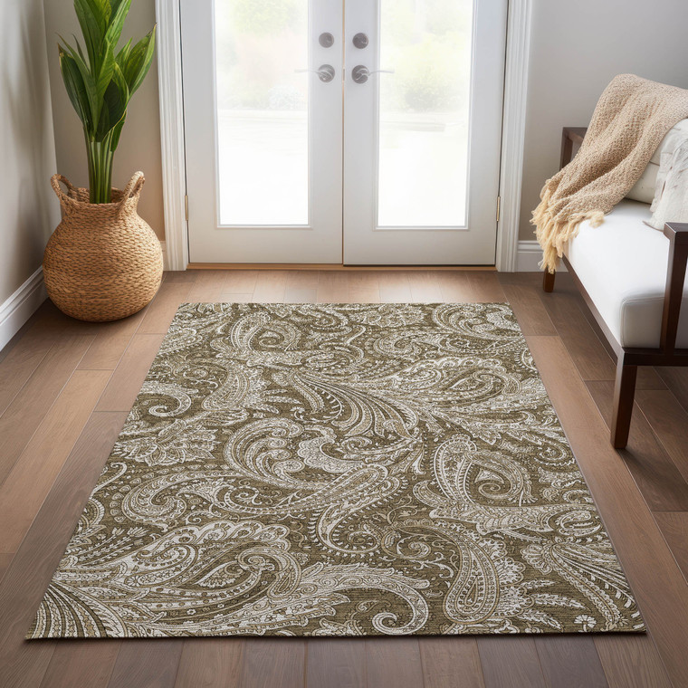 3' X 5' Chocolate Beige And Ivory Paisley Washable Indoor Outdoor Area Rug