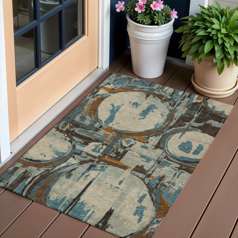 3' X 5' Beige Brown And Copper Geometric Washable Indoor Outdoor Area Rug