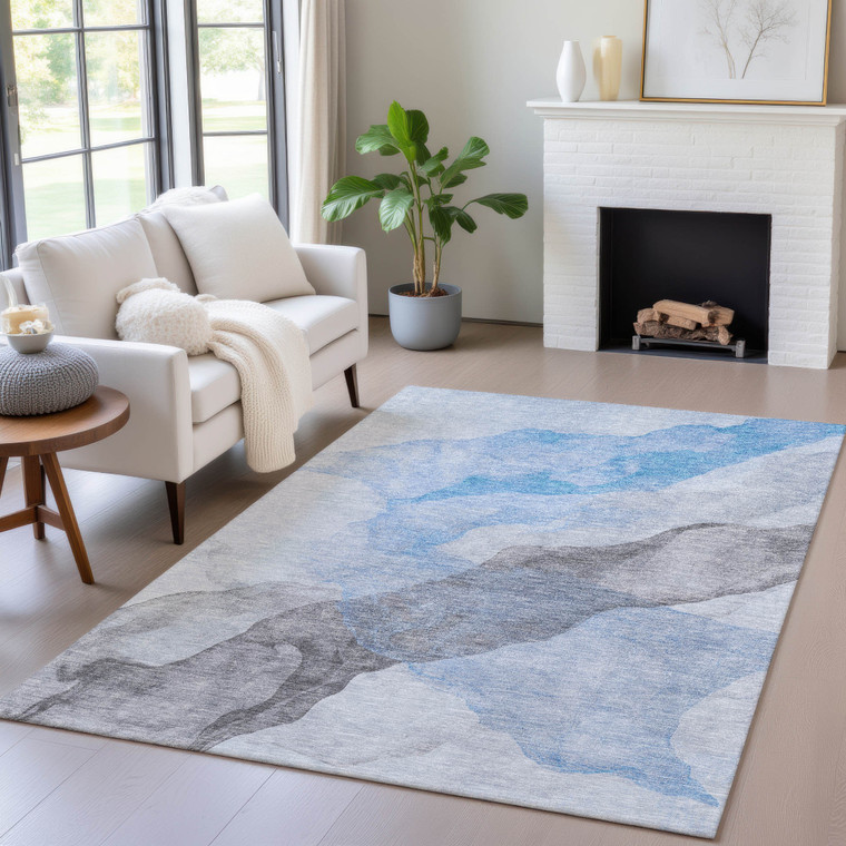 5' X 8' Sky Blue And Gray Abstract Washable Indoor Outdoor Area Rug - Sky Blue, Gray