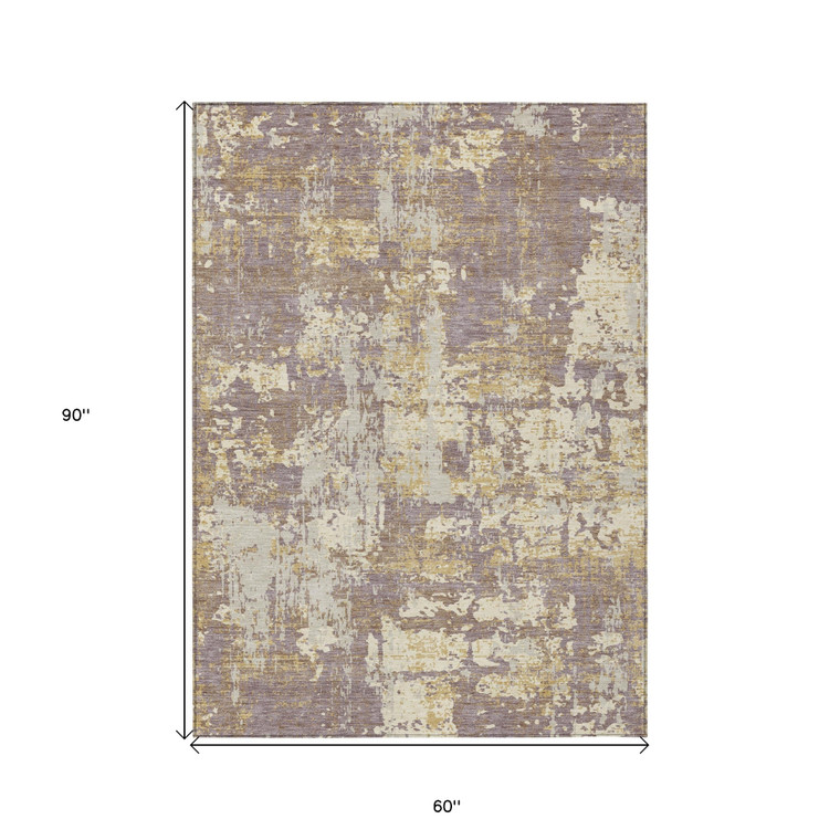 5' X 8' Lavender Gold And Beige Abstract Washable Indoor Outdoor Area Rug