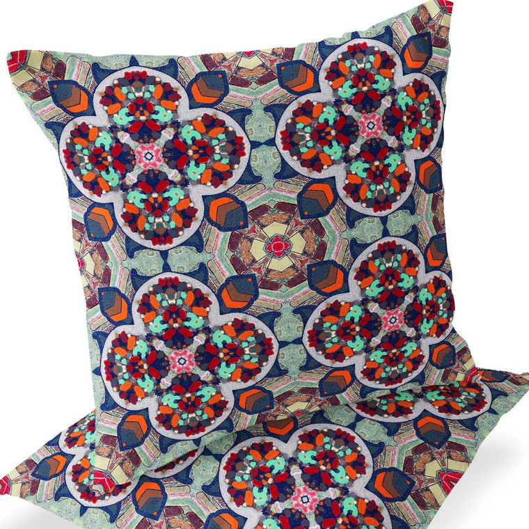 Set of Two 16" X 16" Blue and Orange Blown Seam Floral Indoor Outdoor Throw Pillow Polyester Premium Quality