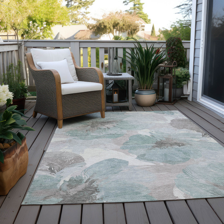5' X 8' Blue And Sage Floral Washable Indoor Outdoor Area Rug