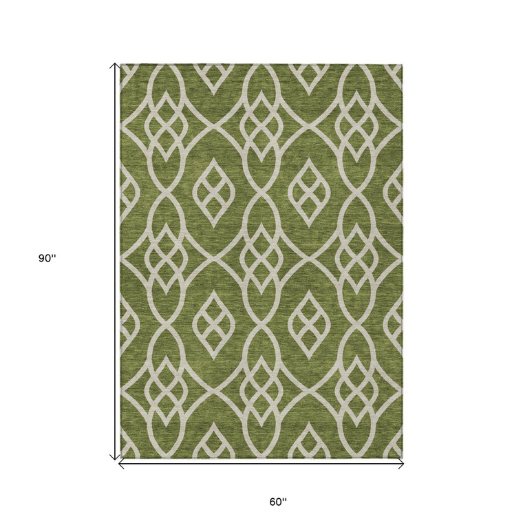 5' X 8' Olive Green And Ivory Trellis Washable Indoor Outdoor Area Rug