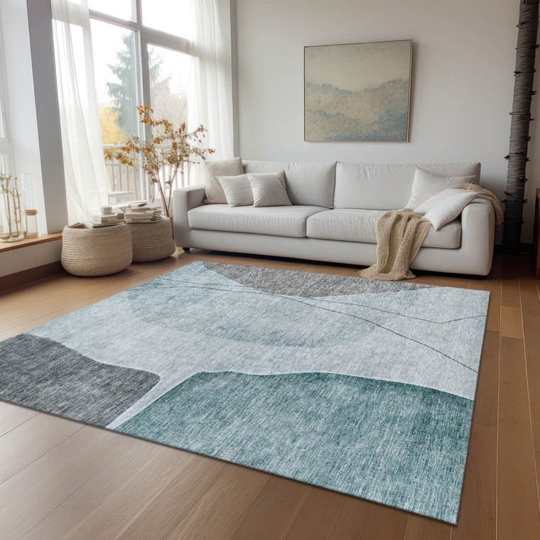5' X 8' Teal Blue Aqua And Gray Abstract Washable Indoor Outdoor Area Rug Transitional Style - Teal Blue, Aqua, Gray Color