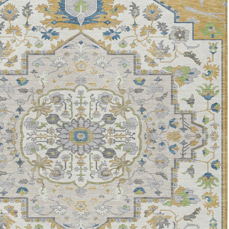 5' X 8' Gold Ivory And Blue Oriental Washable Indoor Outdoor Area Rug