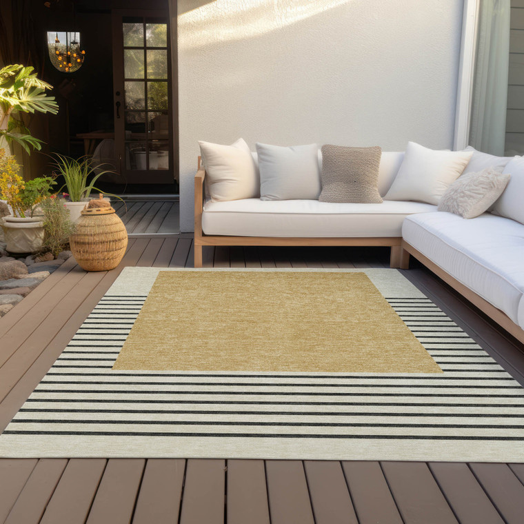 3' X 5' Gold Black And Beige Striped Washable Indoor Outdoor Area Rug