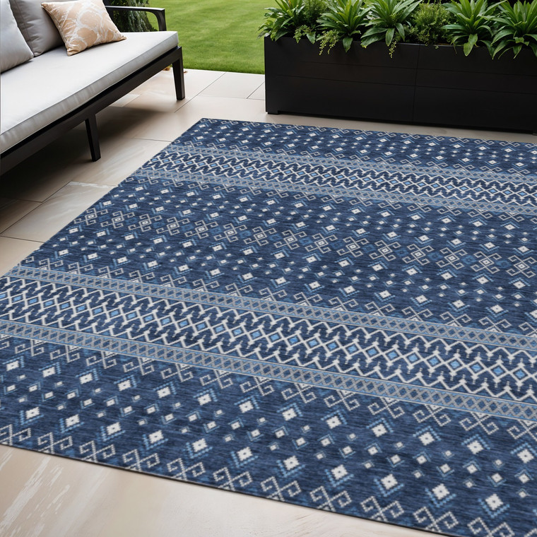 5' X 8' Navy Blue And Denim Blue Tribal Washable Indoor Outdoor Area Rug