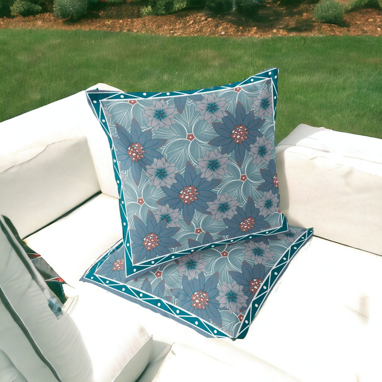 Set of Two 16" X 16" Blue and Green Botanical Indoor Outdoor Throw Pillow Polyester