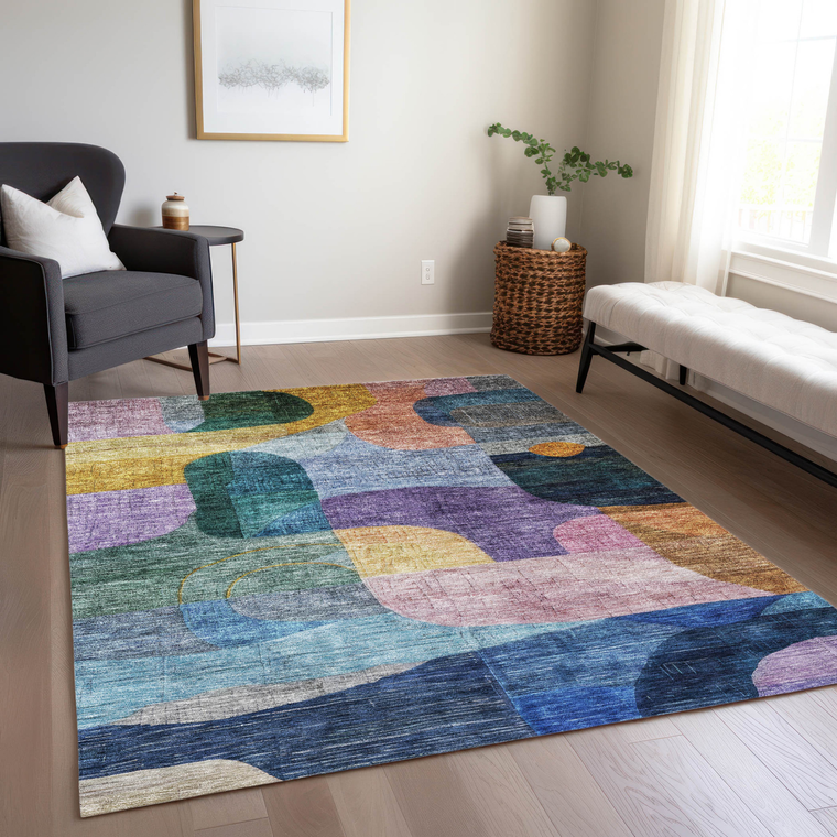 3' X 5' Blue Purple And Green Abstract Washable Indoor Outdoor Area Rug
