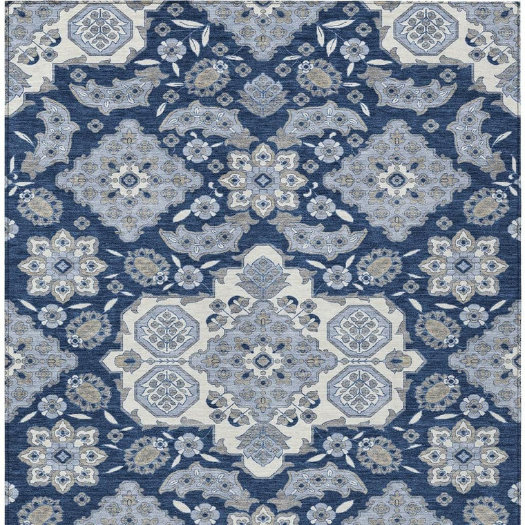 3' X 5' Blue Ivory And Gray Medallion Washable Indoor Outdoor Area Rug