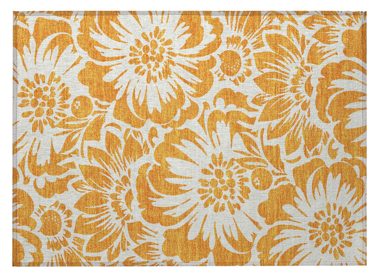 2' X 3' Orange and White Floral Washable Non Skid Indoor Outdoor Area Rug
