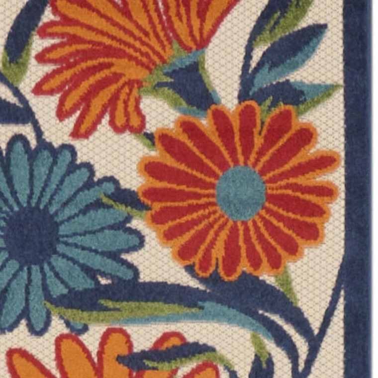 10' Ivory Blue And Orange Floral Indoor Outdoor Runner Rug