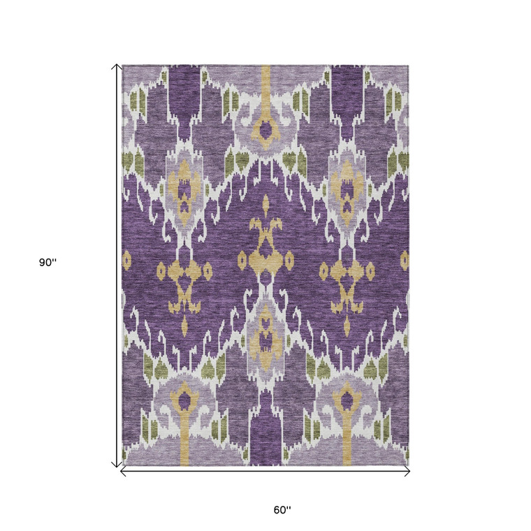 5' X 8' Purple Lavender And Gold Ikat Washable Indoor Outdoor Area Rug