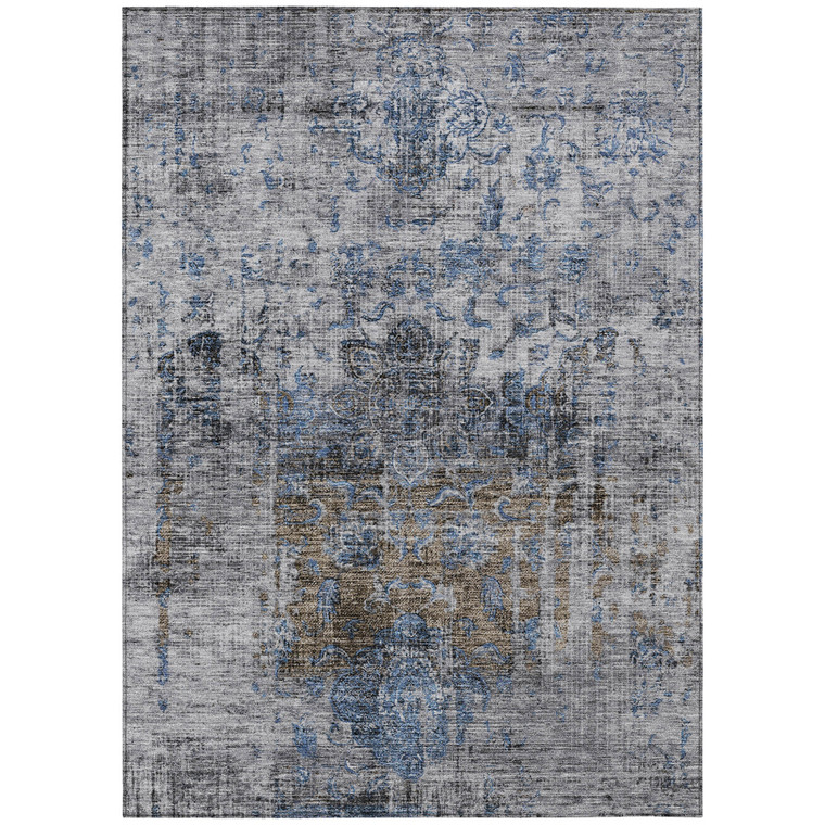 3' X 5' Blue And Gray Floral Washable Indoor Outdoor Area Rug - Blue, Gray