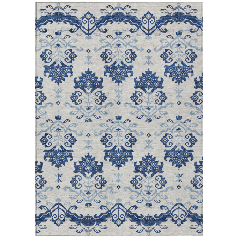 3' X 5' Navy Blue Beige And Denim Blue Oriental Washable Indoor Outdoor Area Rug