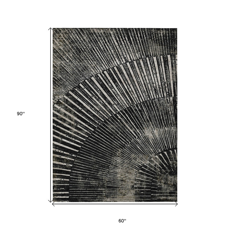 5' X 8' Black And Ivory Abstract Washable Indoor Outdoor Area Rug