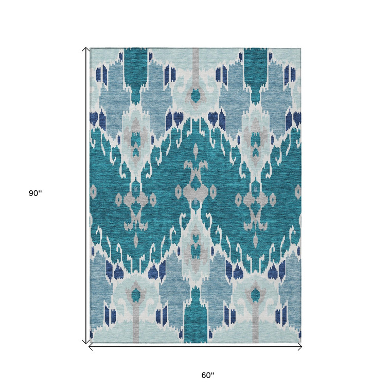 5' X 8' Teal Blue Navy Blue And Gray Ikat Washable Indoor Outdoor Area Rug