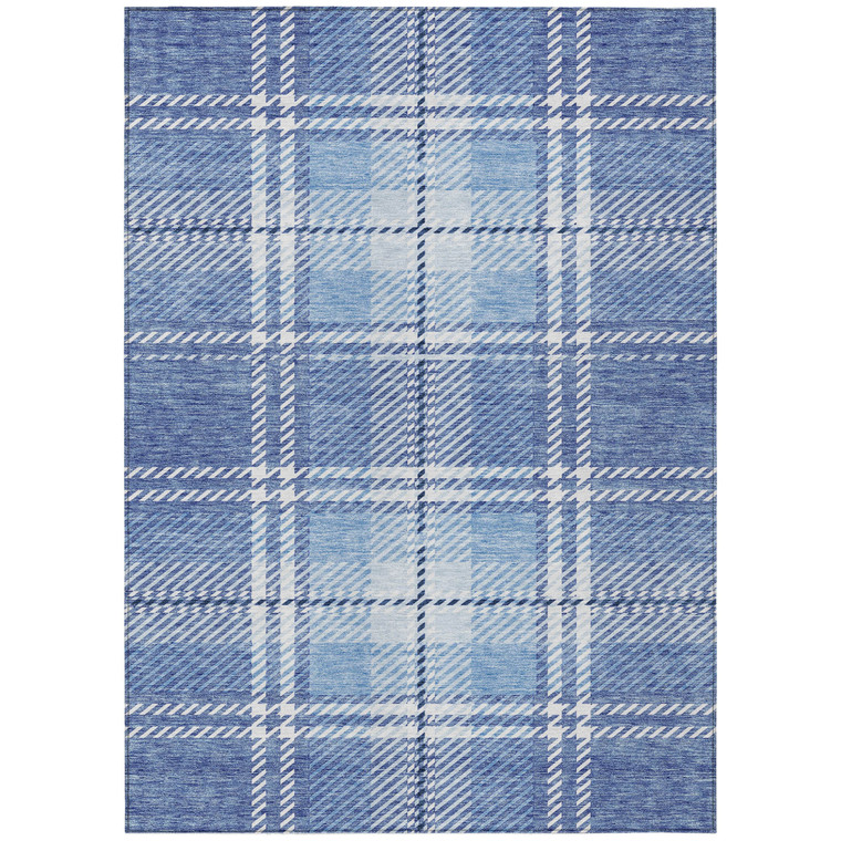 3' X 5' Denim Blue And Ivory Plaid Washable Indoor Outdoor Area Rug