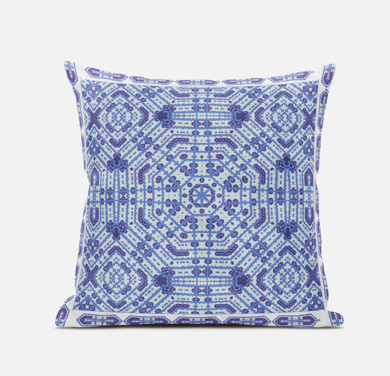 18" X 18" Indigo White Geometric Blown Seam Suede Throw Pillow